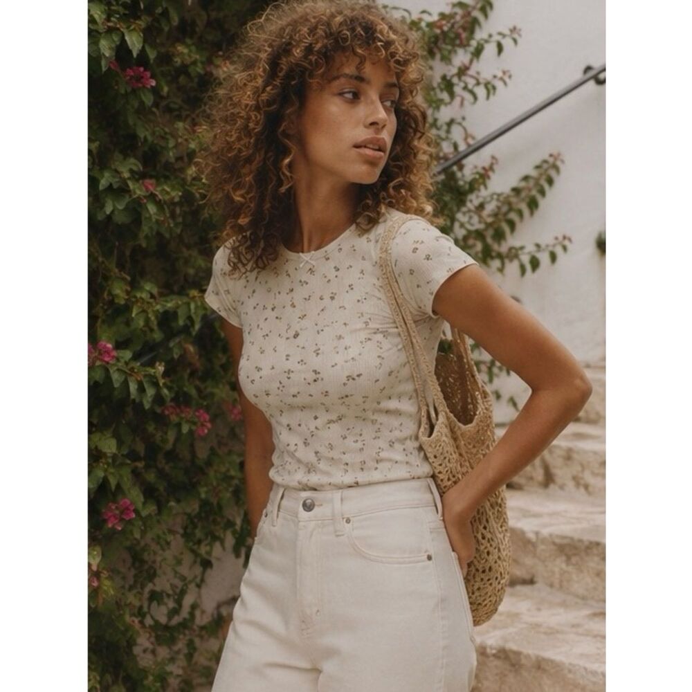 Doen Cream Floral Short Sleeve Rib Tee